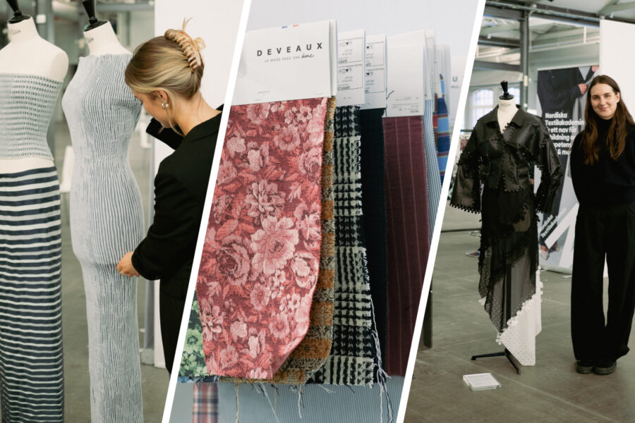 Nordic Fabric Fair, tyger och tjej som plockar med tyger.